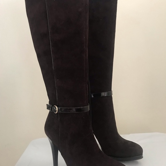 New Nine West Relianto Calf Suede Knee High Stiletto Brown Womens Boots - Picture 3 of 10